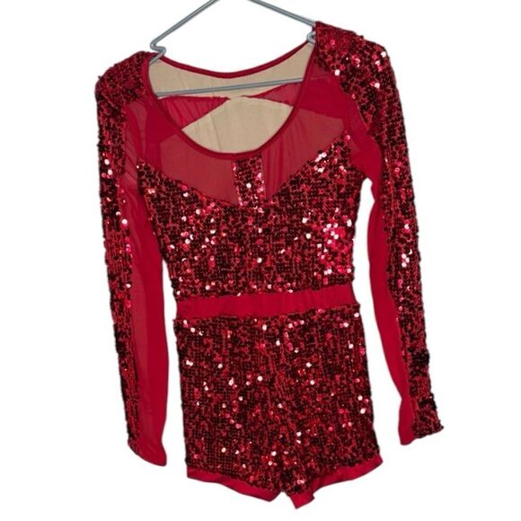 Weissman Red Sequin Long Sleeve Romper. Style #14172 “Love You Like A Love Song” - Picture 3 of 9